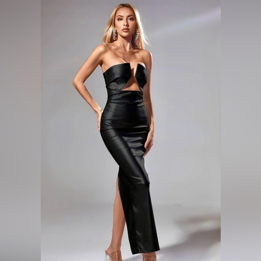 Emer Strapless Leather Maxi Dress In Black